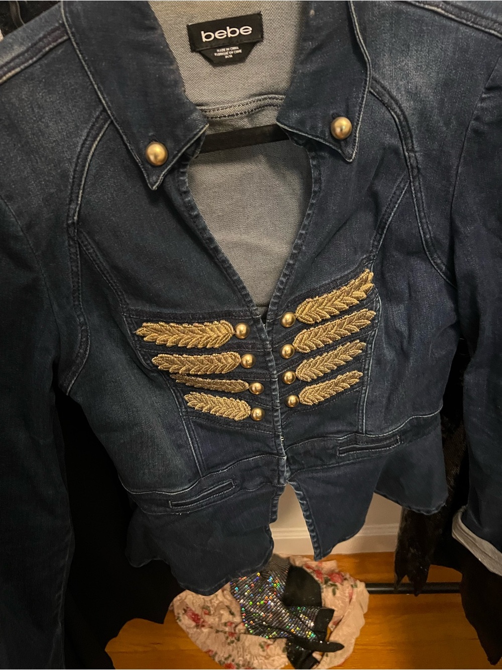 bebe Dark Blue Denim Military-Inspired Jean Jacket with Gold Embroidery